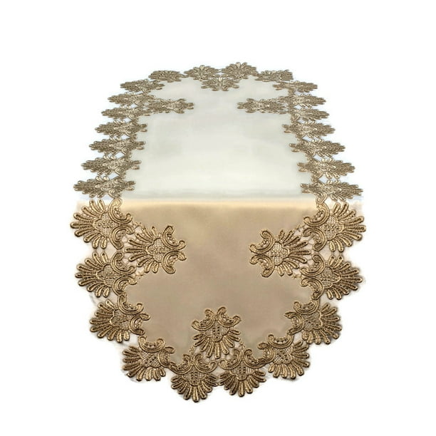 Doily Boutique Table Runner or Doily with Gold Lace and Antique White Fabric